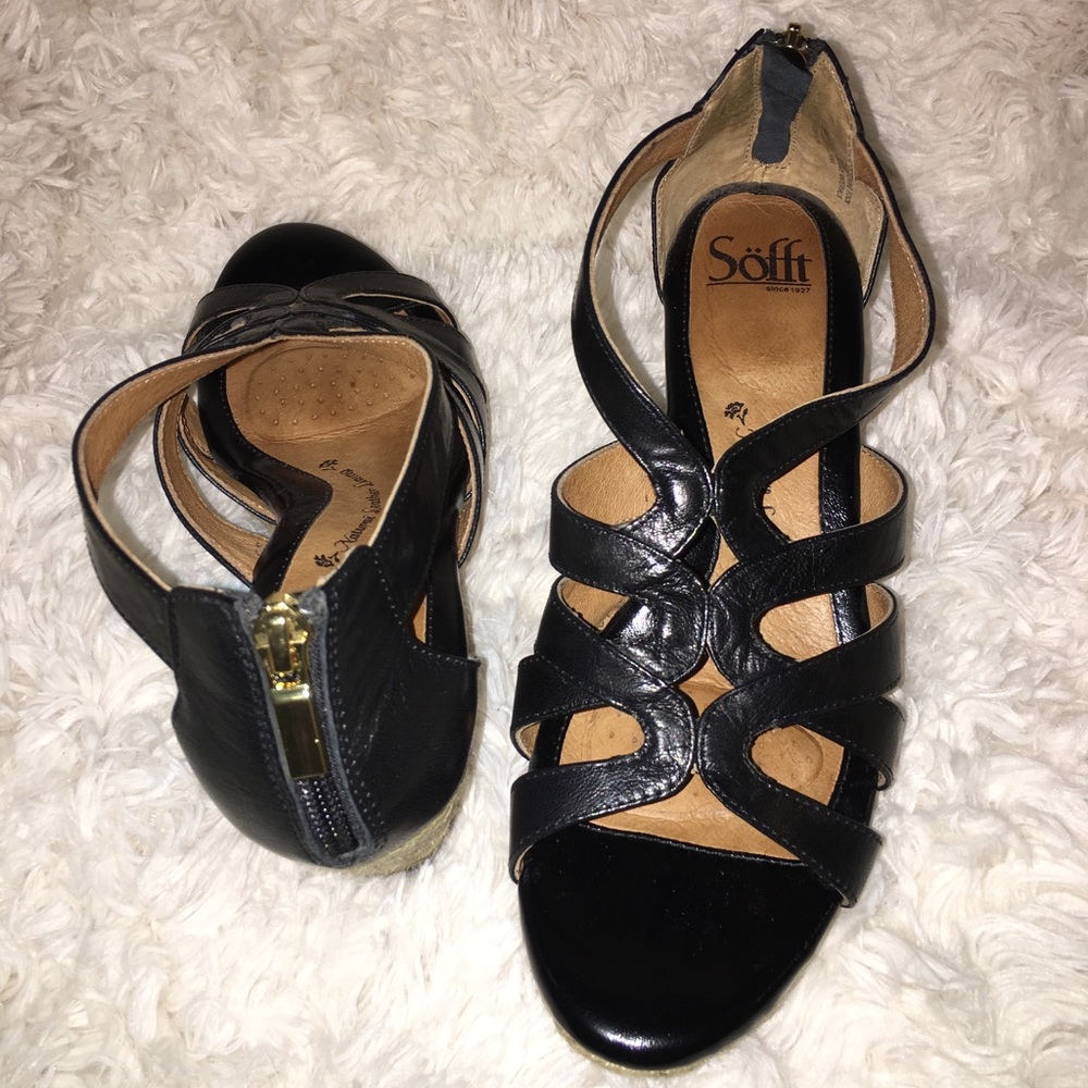 Sofft black leather wedge sandals. Size 9.